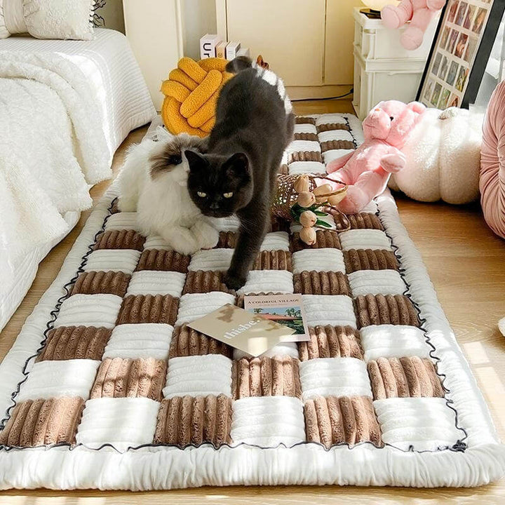 Unisex cream fuzzy plaid pet couch cover mat, machine washable chenille, protects furniture