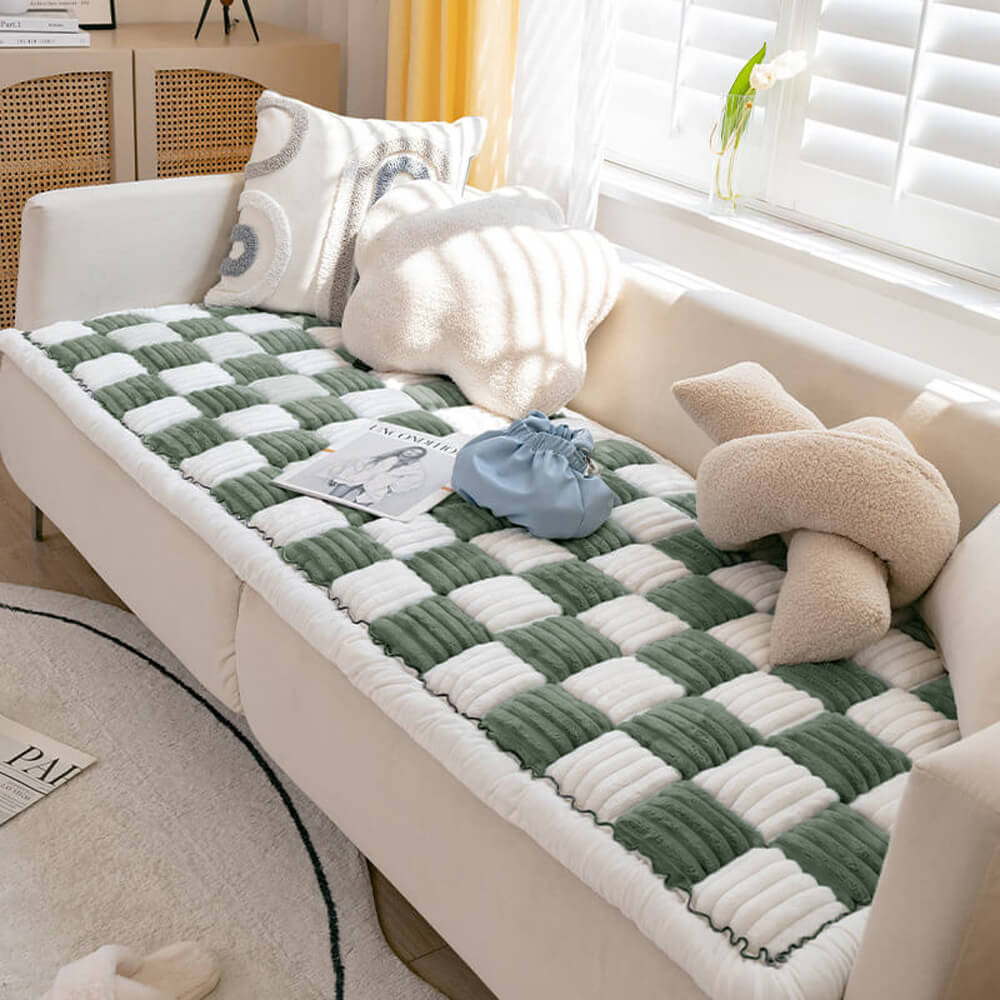 Non-slip cream plaid fuzzy pet couch cover, durable and comfortable for your furry friends
