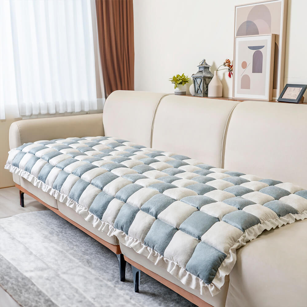 Soft cream fuzzy plaid couch cover, chenille fabric, perfect pet mat for dogs and cats