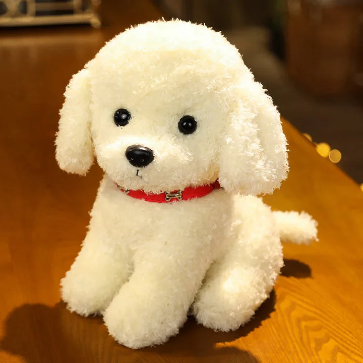 Detailed view of a curly hair teddy dog animal toy with flower, a lovable kids' gift