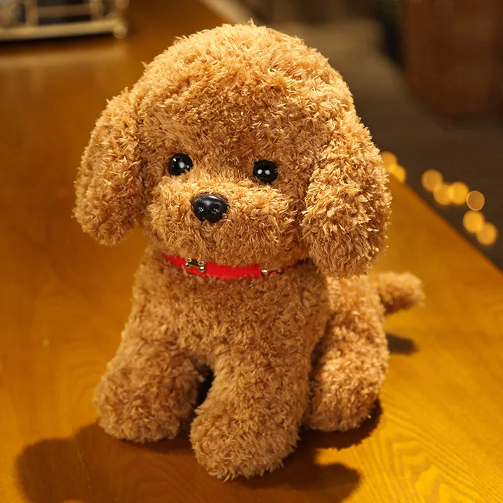 Kids' curly hair plush teddy dog with yellow flower, a sweet stuffed animal gift
