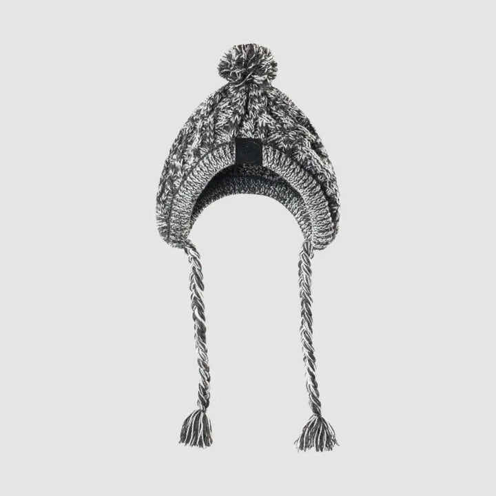 Two pets, a dog and cat, wearing matching knitted hats with pompoms and pigtails, cute winter pet accessories.