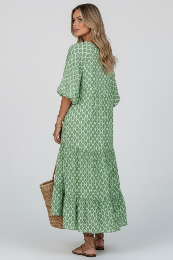 Printed V-neck flowy summer dress for women. Short sleeve, comfortable, and perfect for relaxed daily wear.