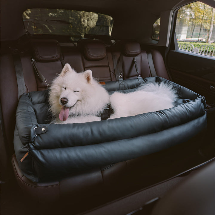 Pet comfort car accessory: large faux leather dog booster bed for safe journeys
