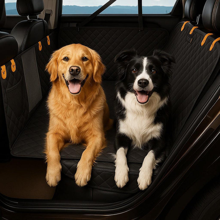 Pet-friendly car seat cover with side flaps for dogs, offering back seat protection & easy clean.
