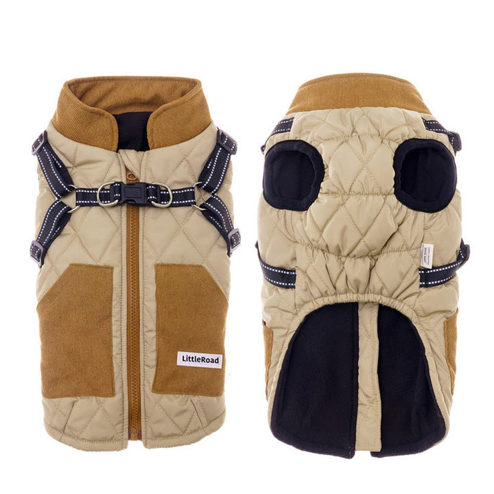 Warm dog clothing: black 3-in-1 winter dog coat with built-in harness