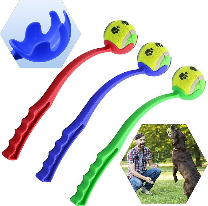Dog ball launcher in action, throwing a ball far for canine enrichment and exercise.