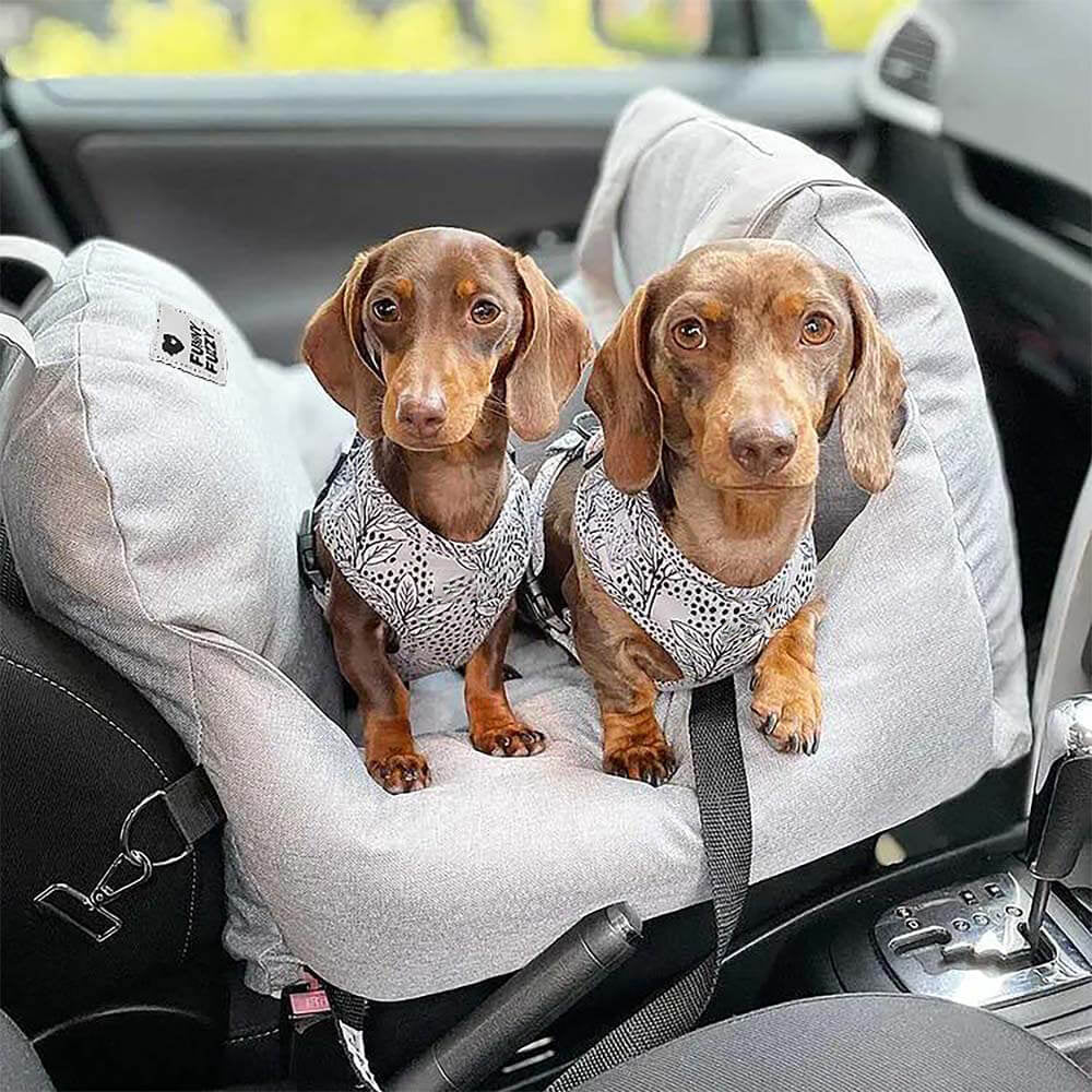 Dog car seat booster bed, grey, for small dogs, ensuring travel safety and comfort.