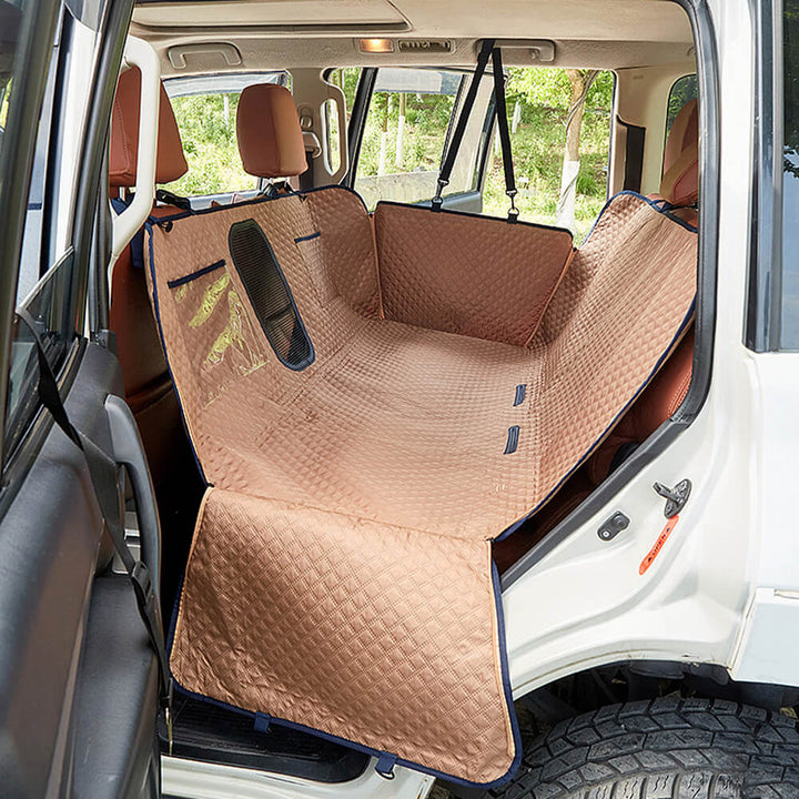 Black waterproof dog car seat cover, essential pet supply for clean car travel.