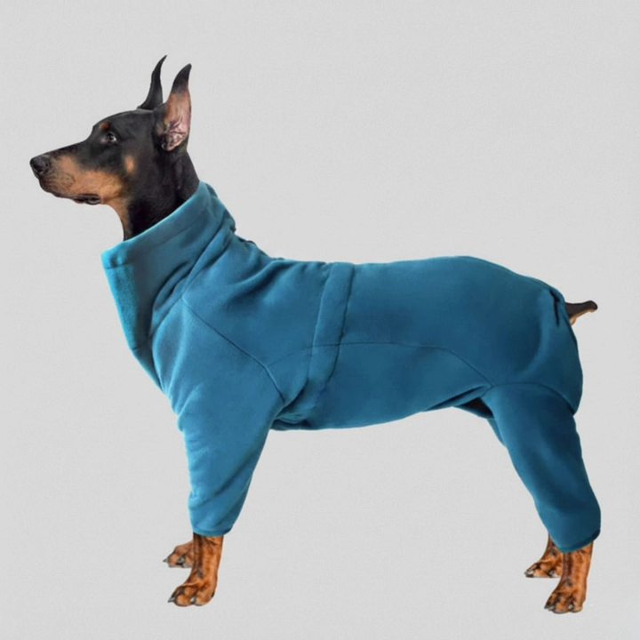 Dog full-body fleece suit in blue for cold weather protection, pet apparel