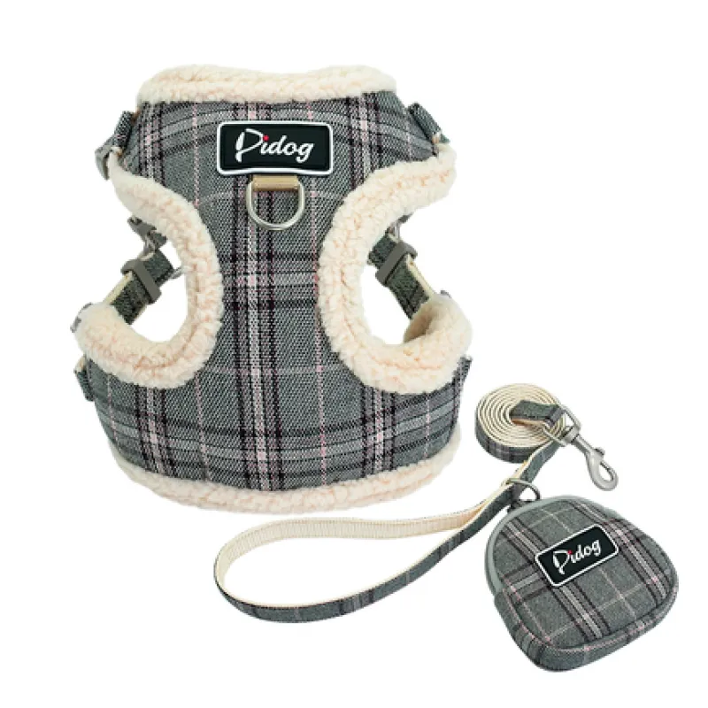 Dog walking essentials: Checked pattern harness and leash set with a convenient waste bag dispenser for medium-sized dogs.
