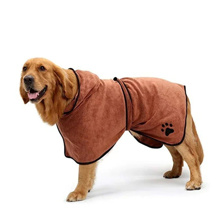 Beige dog microfiber quick-dry robe with hood and an adjustable tie, perfect dog apparel after bath.