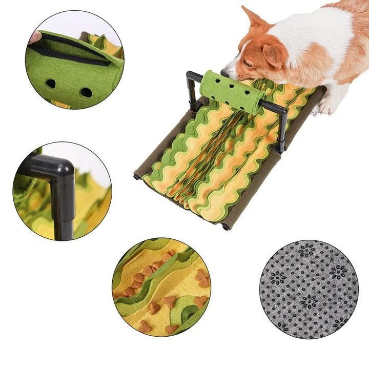 Interactive snuffle mat for dogs, promotes slow eating and pet enrichment, washable design