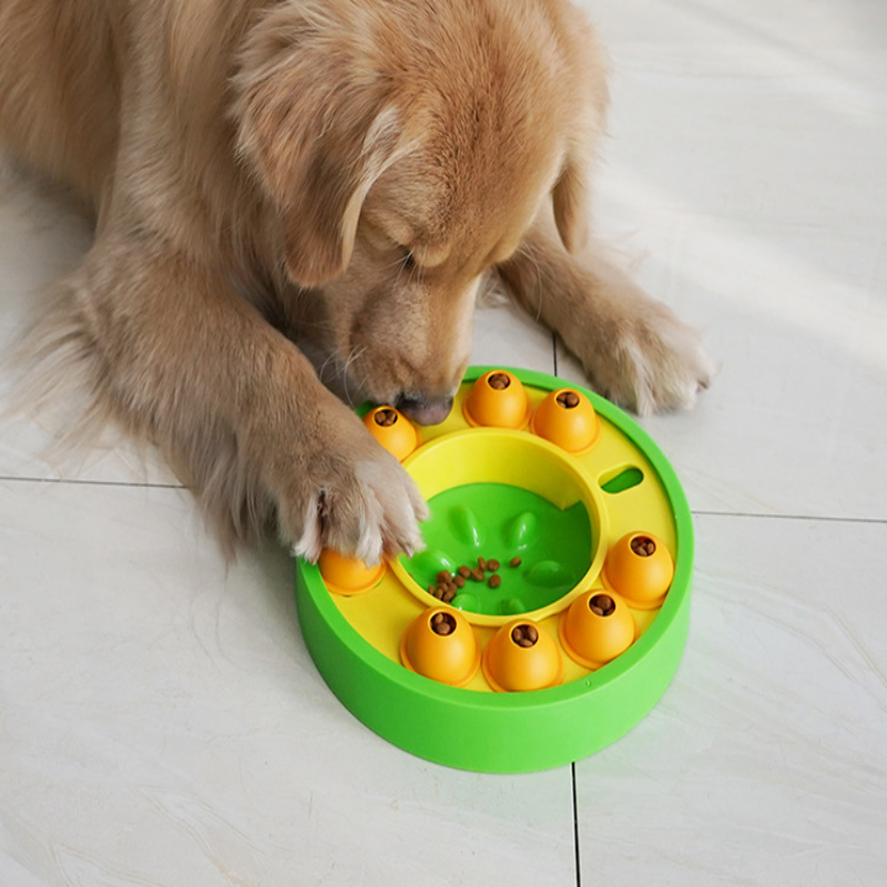 Golden Retriever puppy engaging with an interactive pet feeding station, a fun puzzle toy.