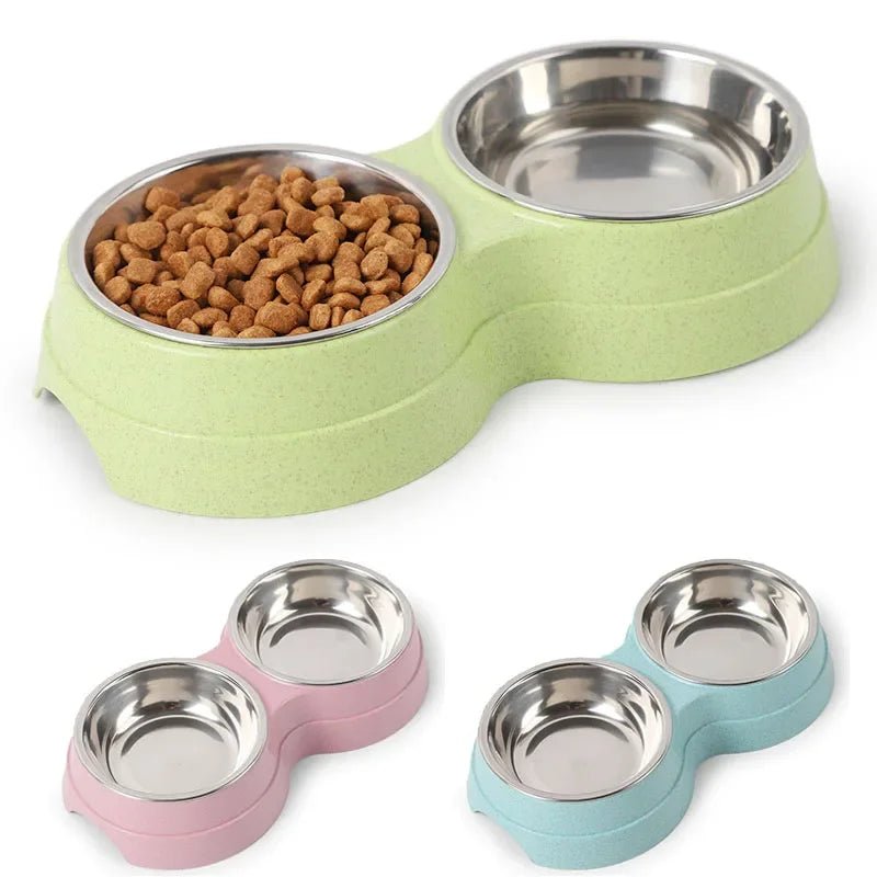 Double stainless steel pet bowl set for dog or cat food and water, non-slip design, durable.