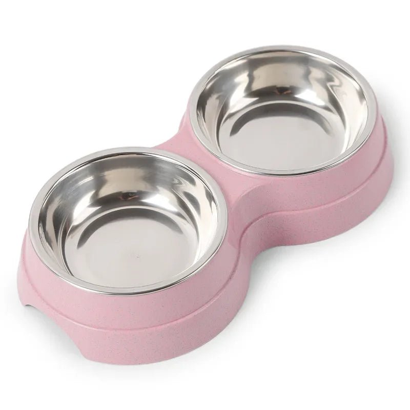 Hygienic stainless steel double dog and cat bowl, easy-clean design for food and water.