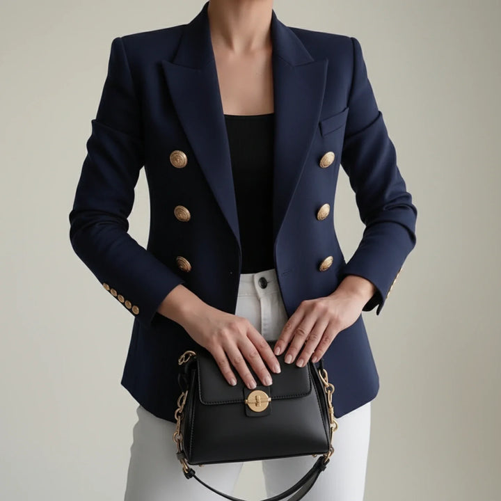 Elegant women's double-breasted blazer. Versatile tailored jacket for chic fashion and professional occasions.