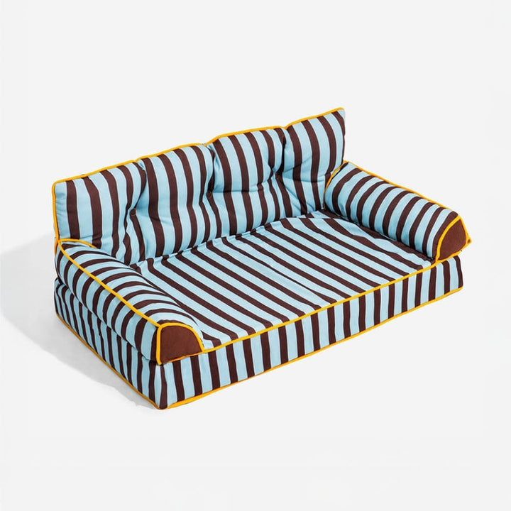 Stylish striped dog sofa bed, water-repellent & orthopedic for comfort. Foldable, non-slip indoor pet furniture lounge.