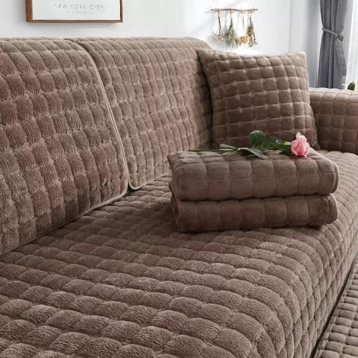 Blue square flannel sofa cover, anti-slip & pet-friendly. Durable, easy-clean couch protector for home decor.