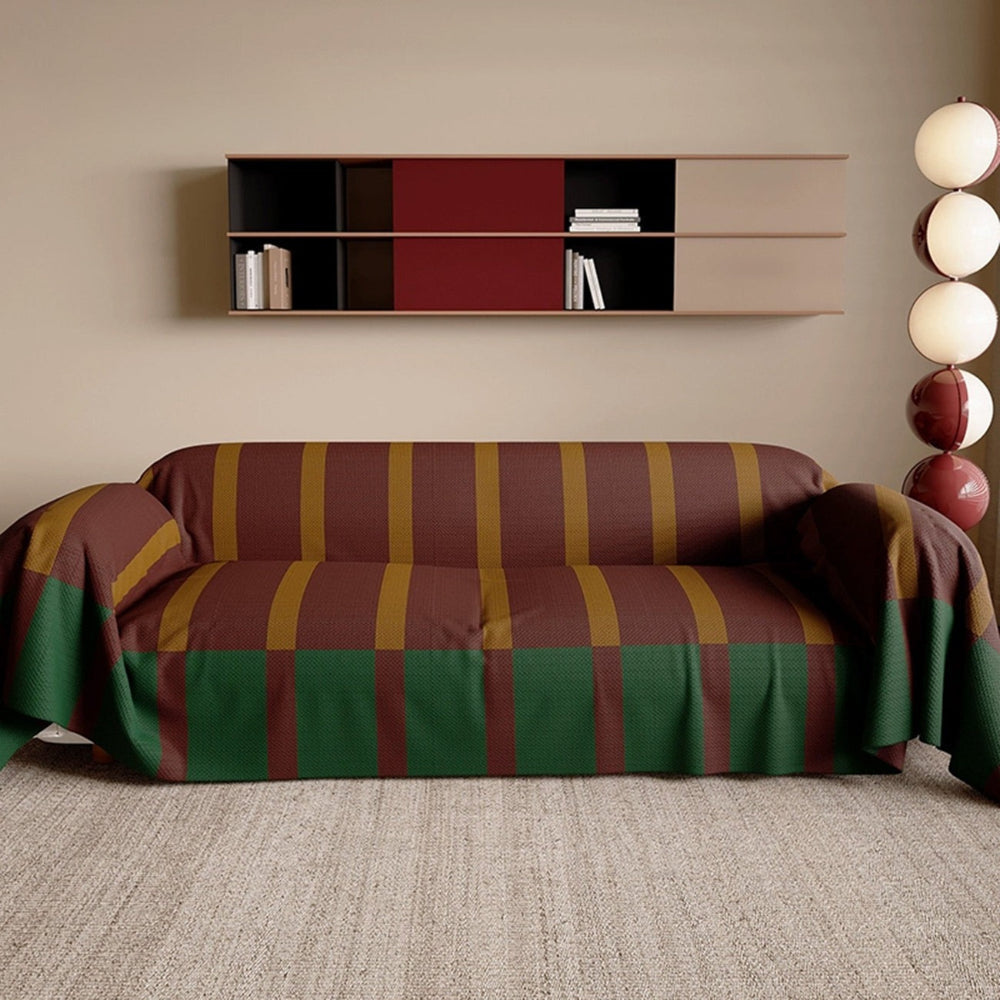 Stylish striped couch protector, modern home decor accessory. Easy care design for vibrant, pet-friendly living.