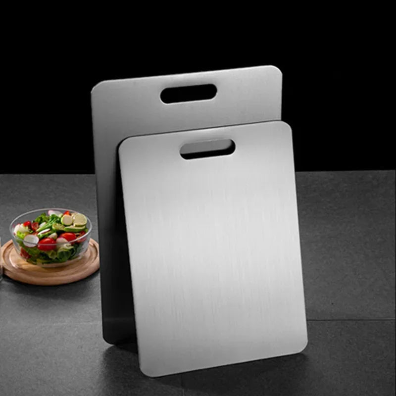 Heavy-duty stainless steel cutting board. A durable, versatile kitchen gadget for all your food prep needs.