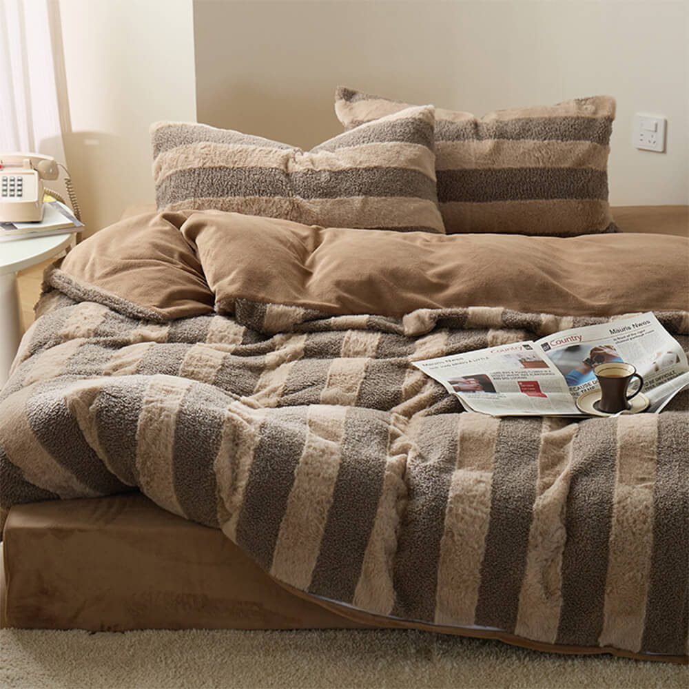 Striped velvet and sherpa sheet set, dual purpose for ultimate comfort and warmth
