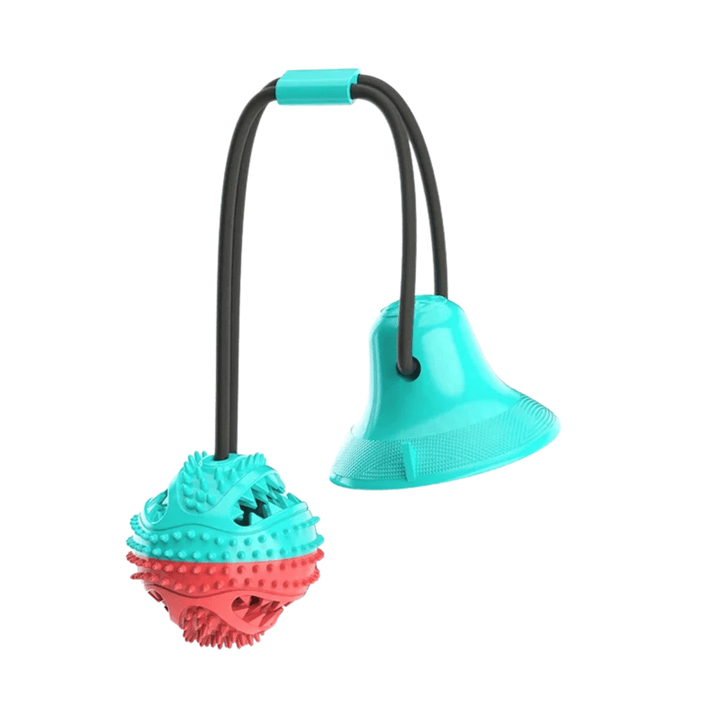 Interactive dog chew toy ball, great for medium to large dogs; aids dental care and offers suction cup play.