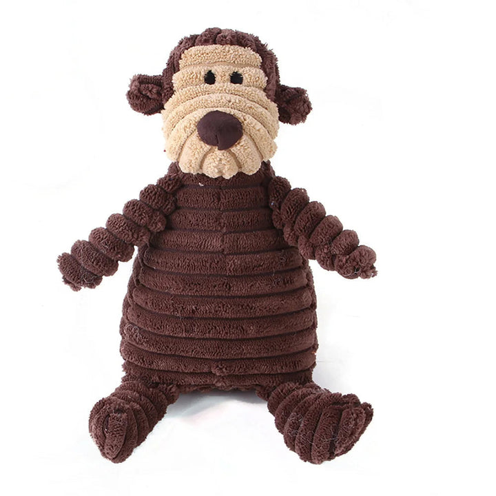Close-up of textured corduroy dog toy with a squeaker, designed for long-lasting pet play