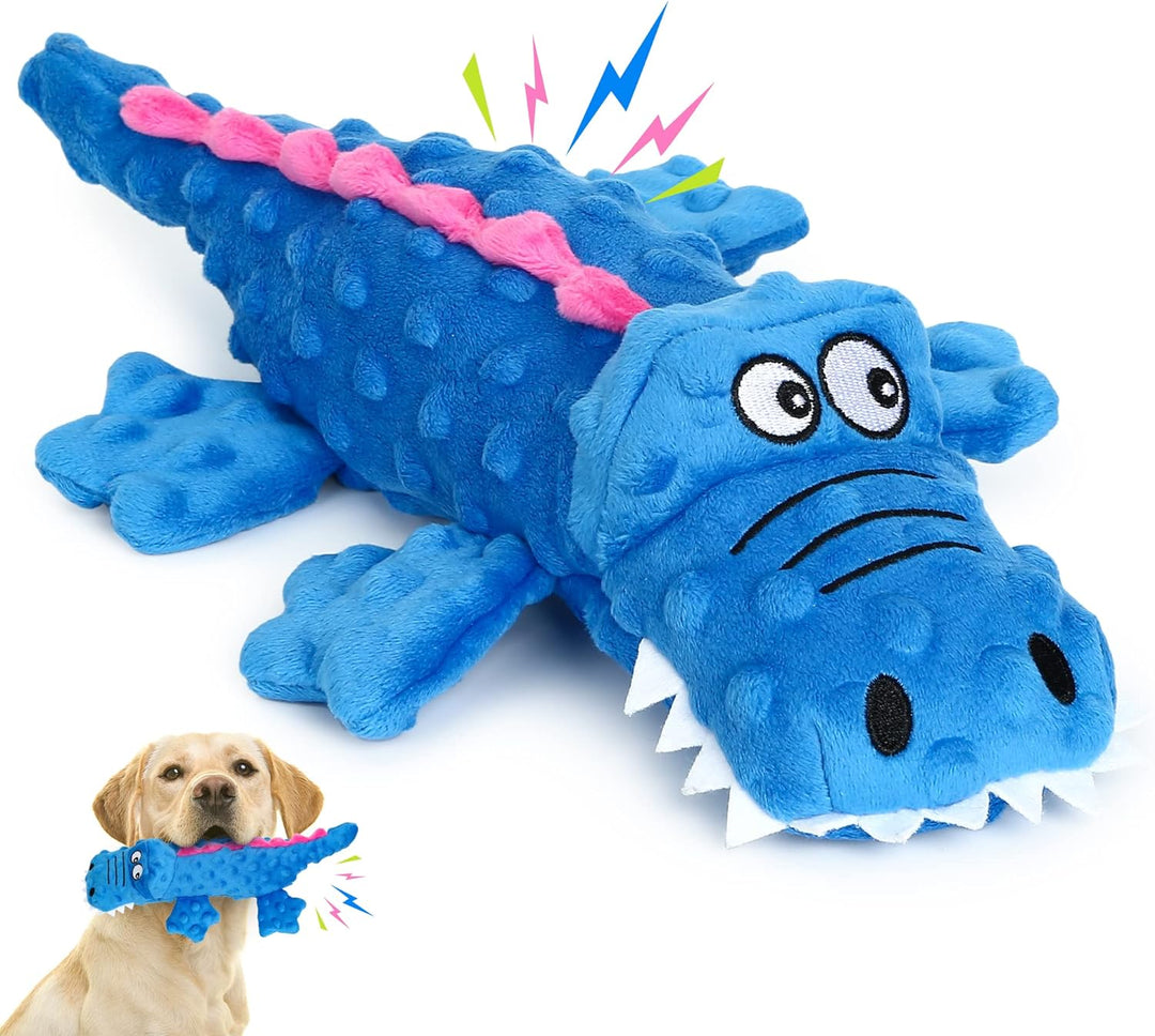 Pet-safe squeaky crocodile plush dog toy, perfect for aggressive chewing and play.