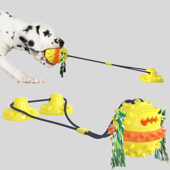 Unisex dog chew toy with suction cup and rope for tugging and mentally stimulating playtime