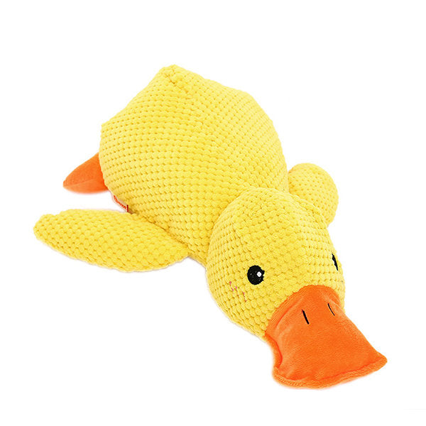 Bright yellow duck dog toy, a sturdy chew toy suitable for large dog breeds