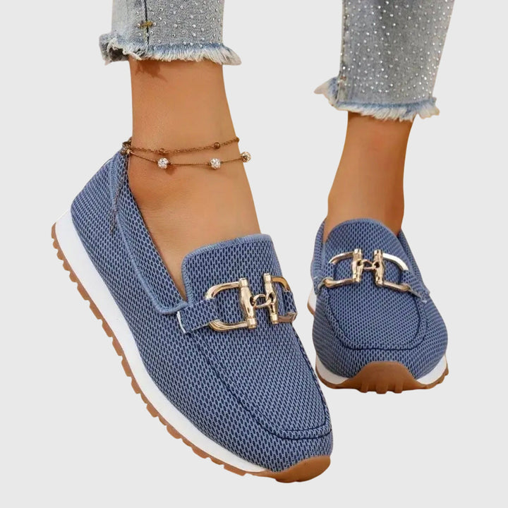 Dusty blue women's horsebit loafers, comfortable slip-on casual shoes for everyday style.