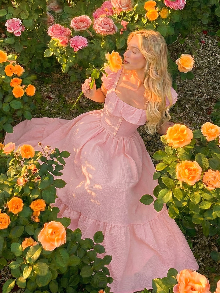Sophisticated women's off-shoulder maxi dress featuring ruffles. Great for vacation, parties & formal wear.