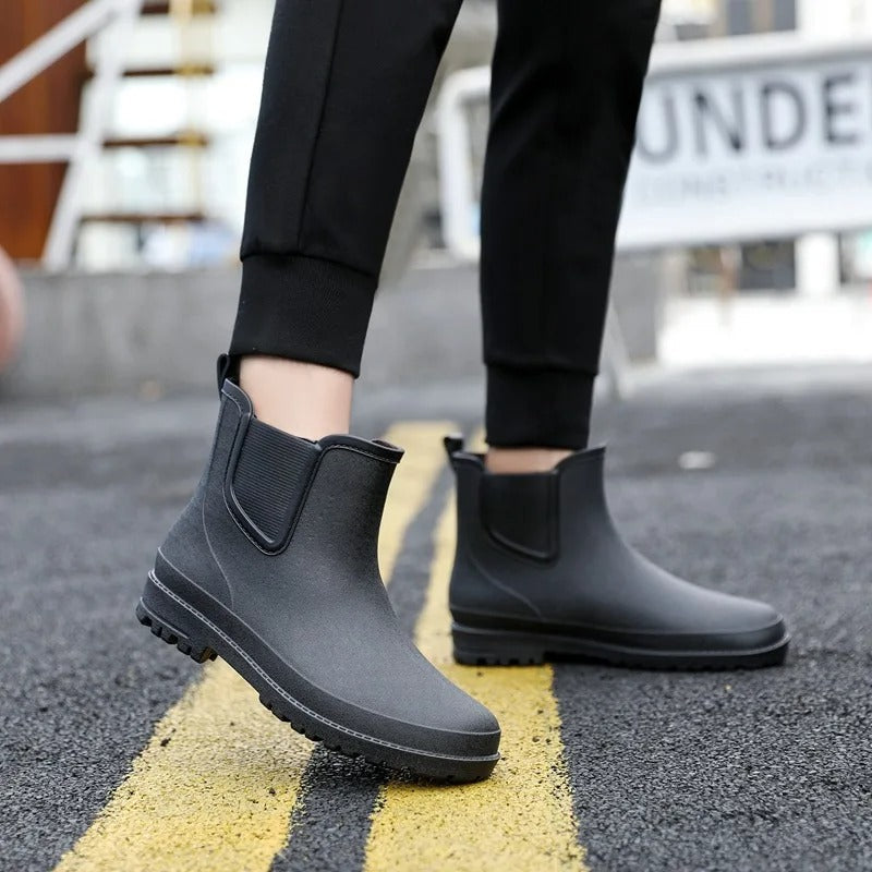 Fashionable women's waterproof Chelsea platform ankle boots. Stylish rain boots for wet weather.