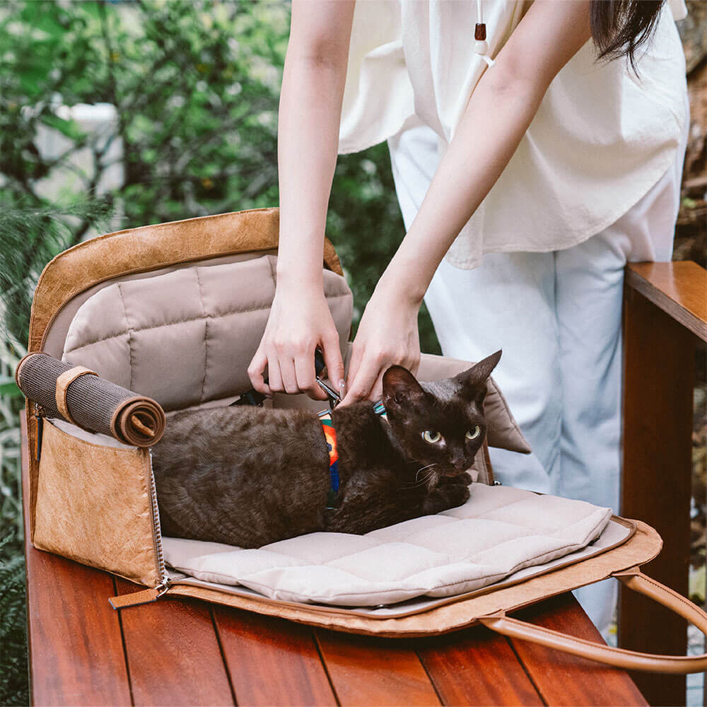 Pet travel carrier bag, eco-friendly, with integrated seatbelt loops
