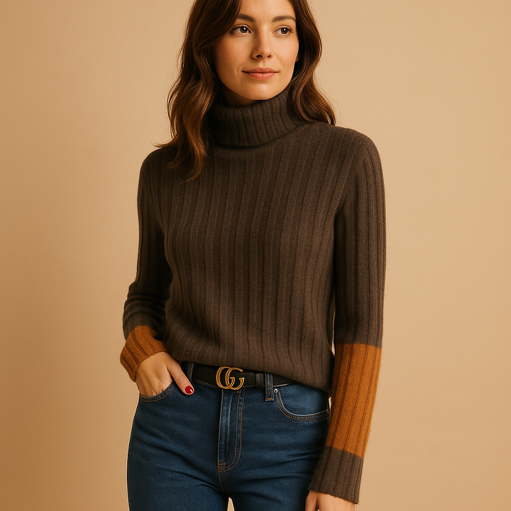 Elegant women's slim-fit turtleneck sweater, perfect for fall & winter style. Comfortable long-sleeve top.