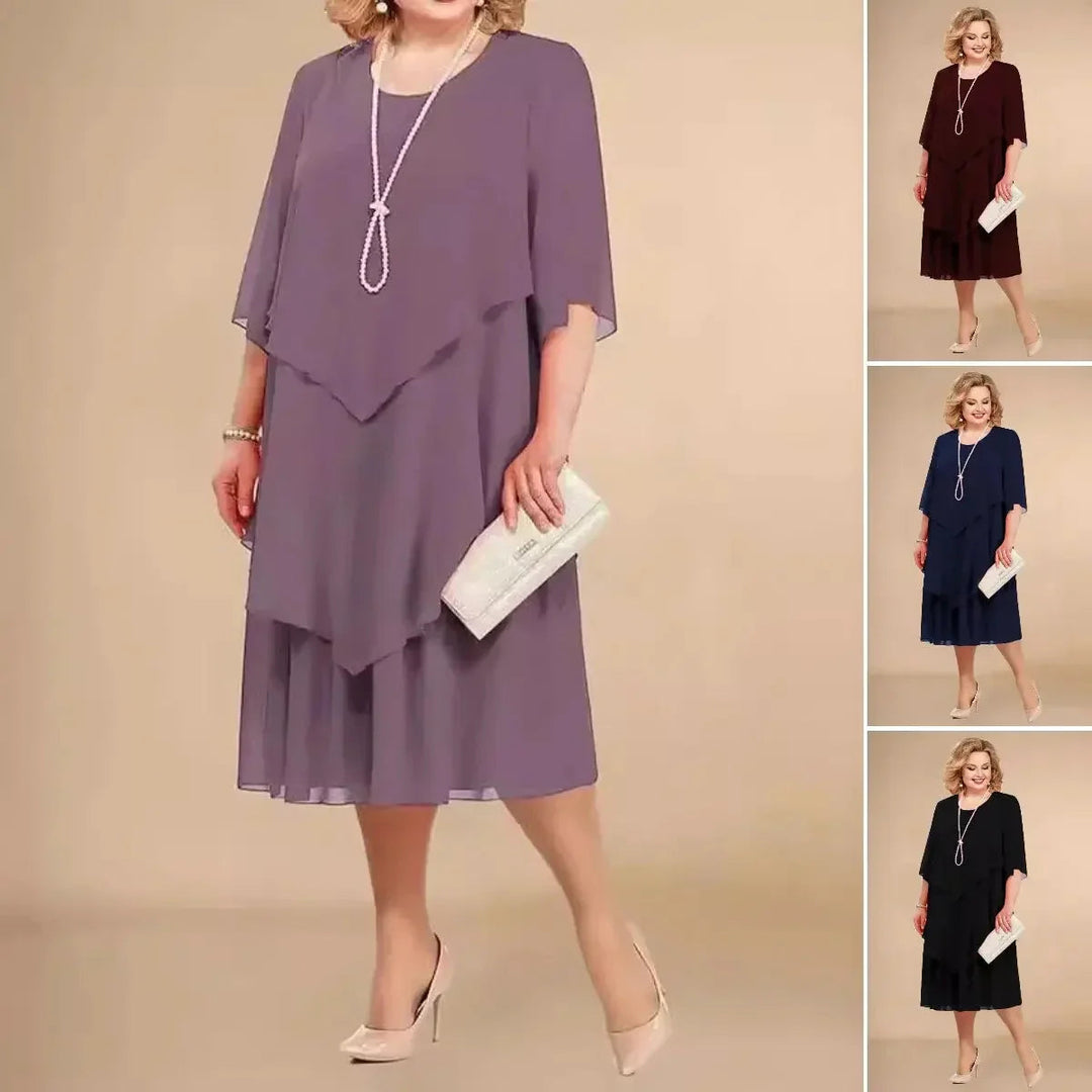 Versatile women's A-line midi dress with 3/4 sleeves & round neck, a flattering elegant occasion dress.