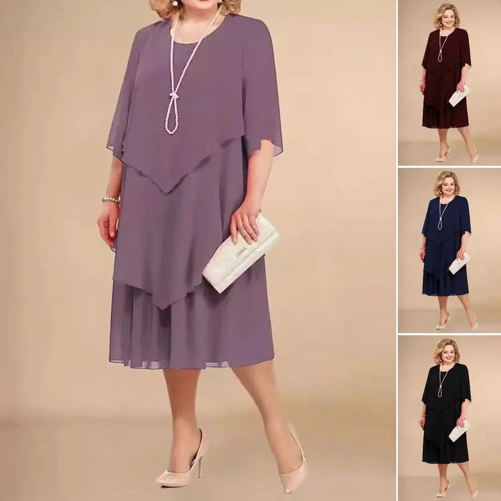 Versatile women's A-line midi dress with 3/4 sleeves & round neck, a flattering elegant occasion dress.