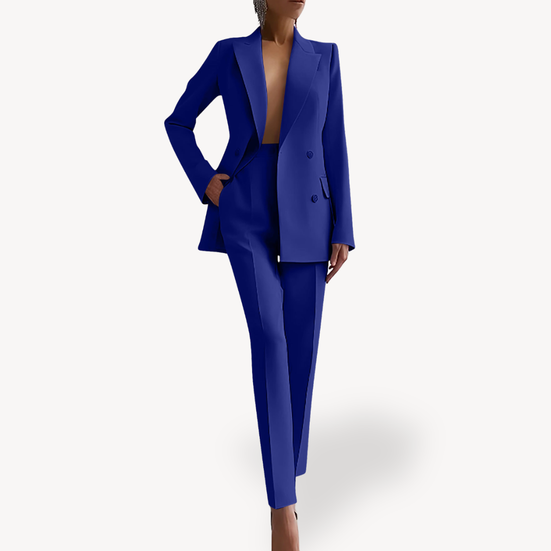 Women's elegant double-breasted pant suit. Professional 2-piece power suit for office, business & formal occasions.