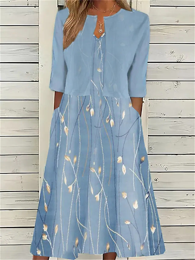 Elegant women's floral print A-line midi dress with pockets, perfect for spring/summer casual chic style.