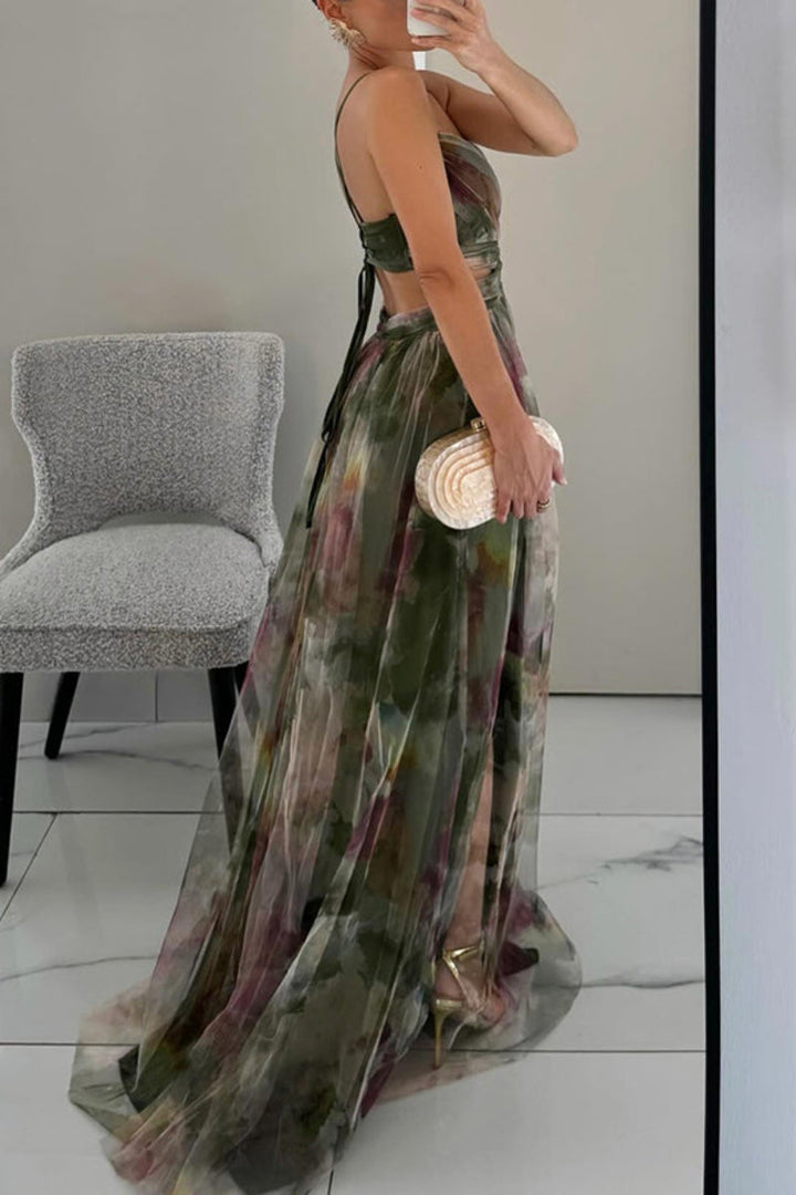 Beautiful women's floral wrap maxi V-neck dress, sleeveless design, elegant formal wear for wedding guests.