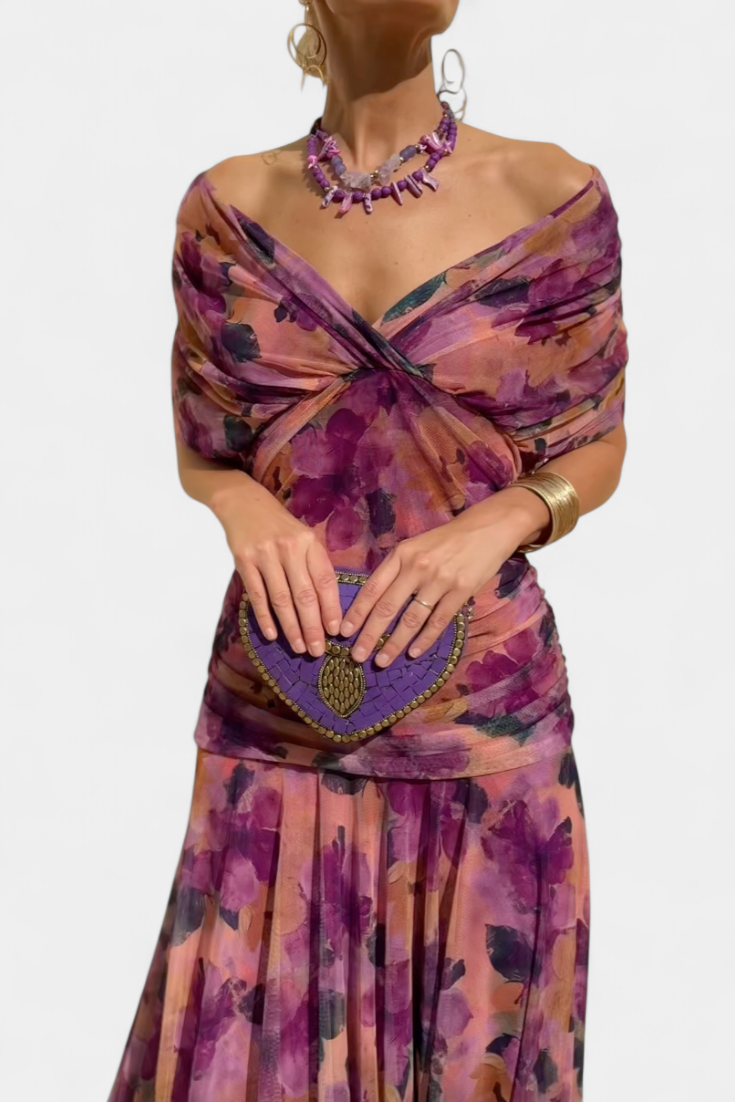 Chic off-shoulder draped maxi dress for women, ideal for evening parties, weddings, & formal events.