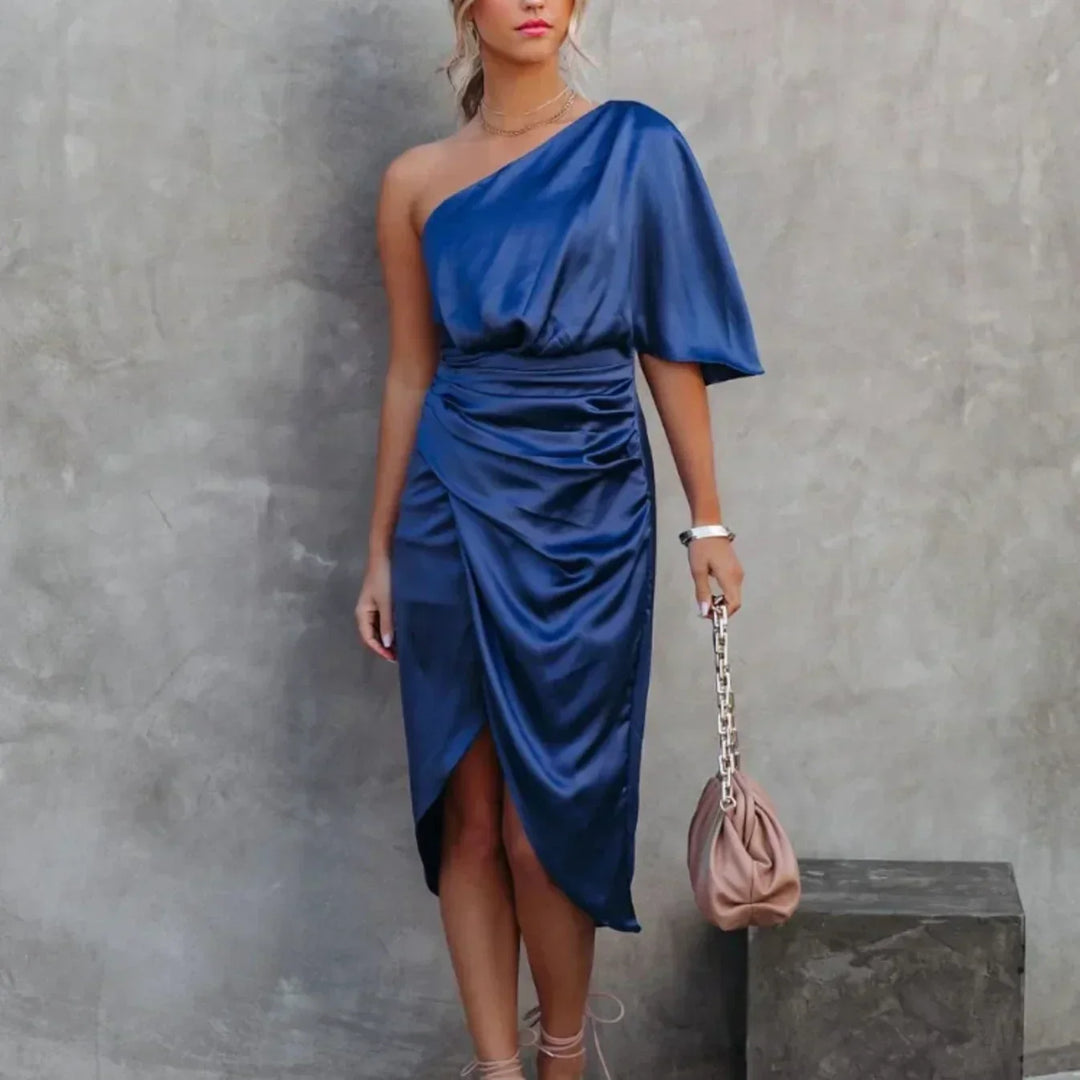 Elegant women's one-shoulder ruched midi dress for formal parties, cocktail events & evening wear.