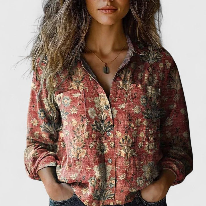 Versatile chic women's plus size floral lapel shirt, long sleeve. Sophisticated elegant red blouse.