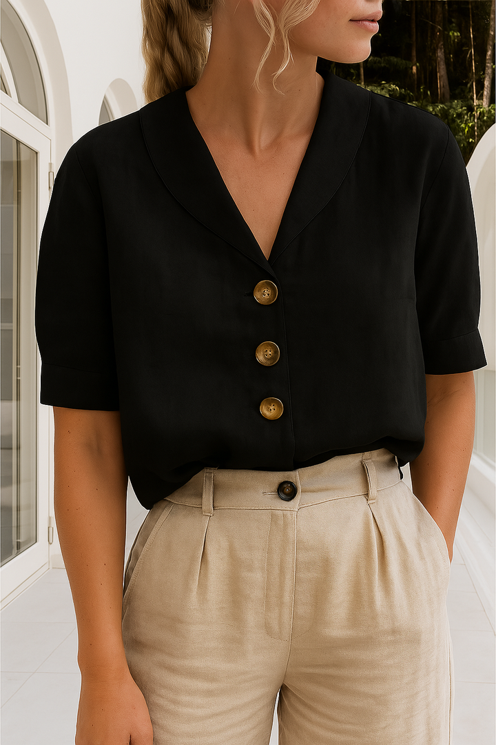Chic women's Rosalie short sleeve blouse with elegant wrap neckline, ideal for summer fashion and versatile wear.