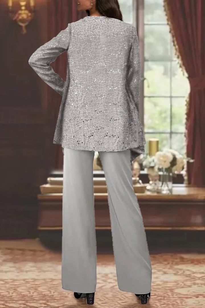 Chic wide-leg sequin pants from a women's three-piece formal evening wear set. Elegant and comfortable.