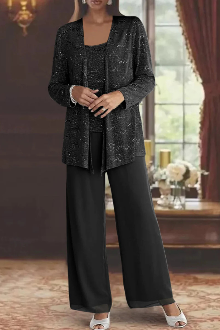 Sparkling sequin top from a women's three-piece pant set. Perfect for elegant evening wear & formal events.