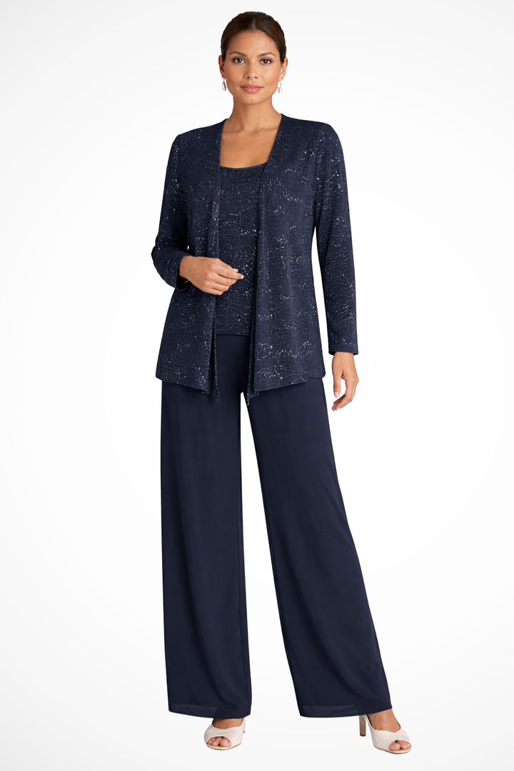 Full view of a women's sequin three-piece formal pant set, including wide-leg pants, top & elegant cardigan.