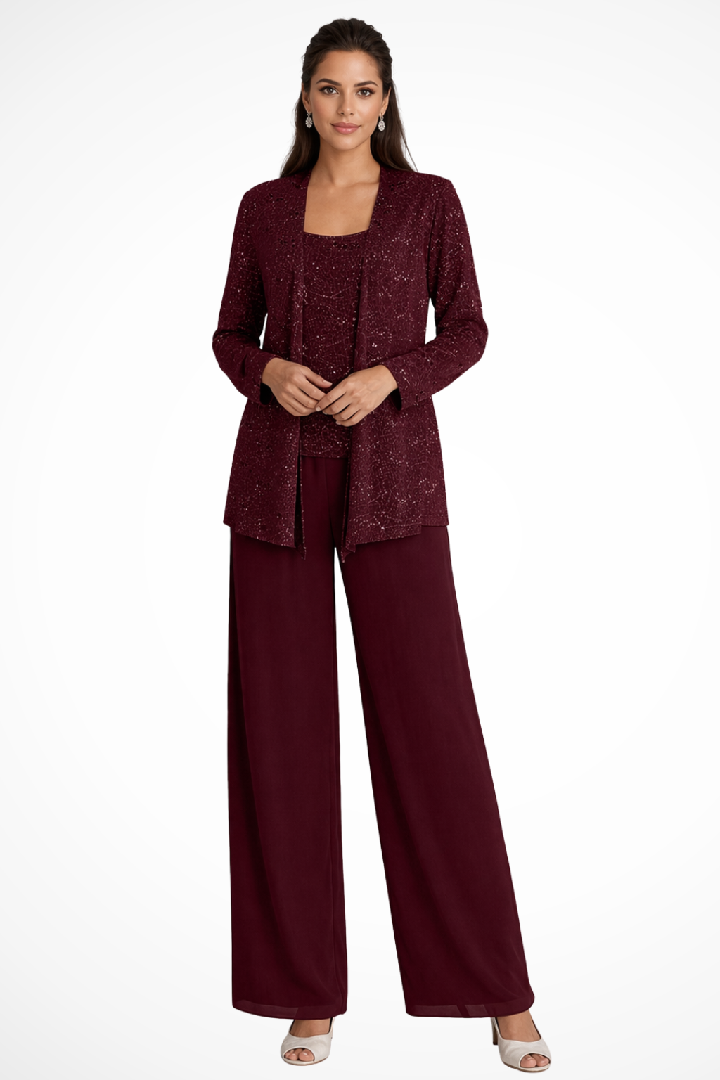 Detailed view of the blazer & wide-leg pants from women's sequin 3-piece formal evening suit.