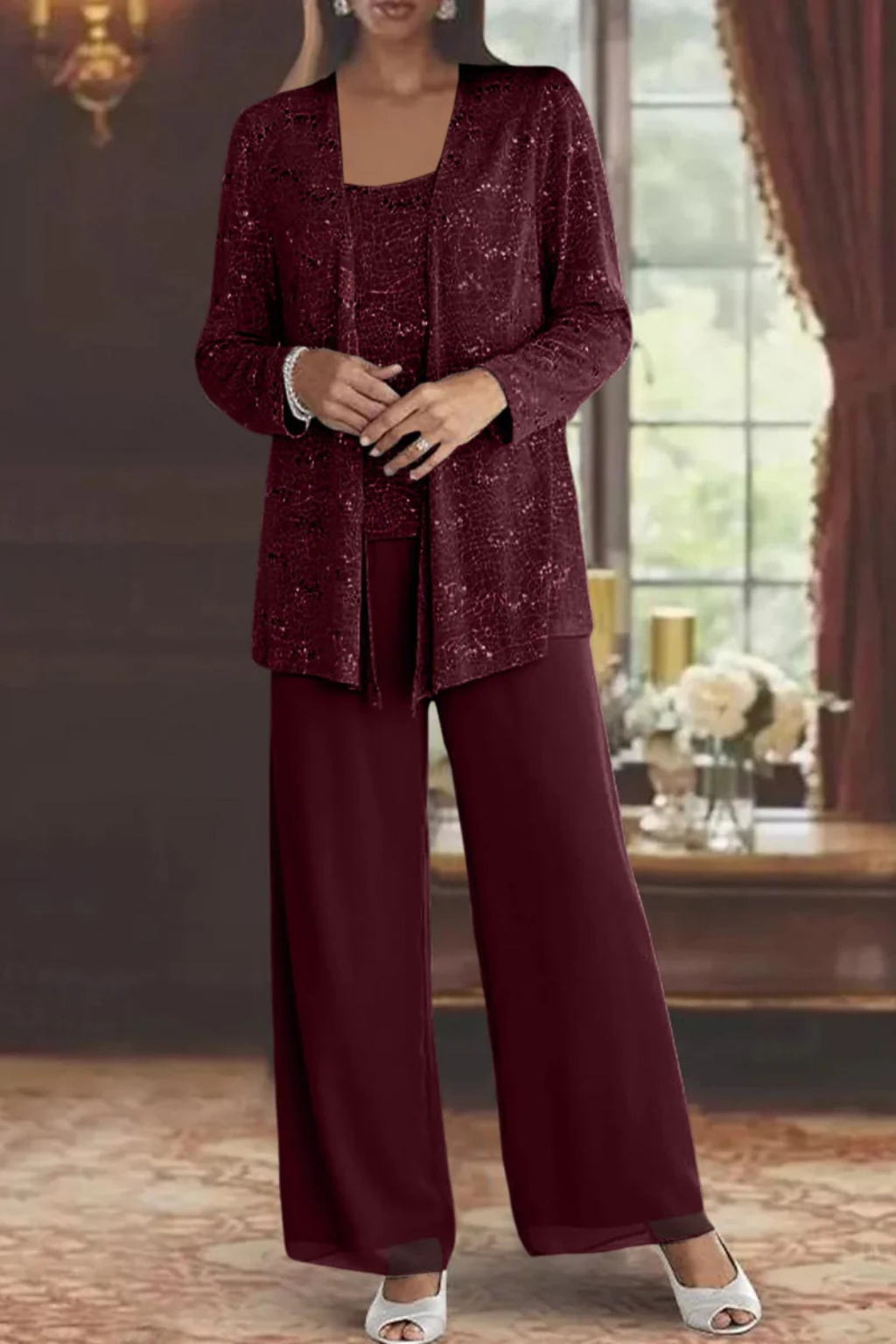 Elegant women's 3-piece formal suit featuring a dazzling sequin top & sophisticated wide-leg pants.